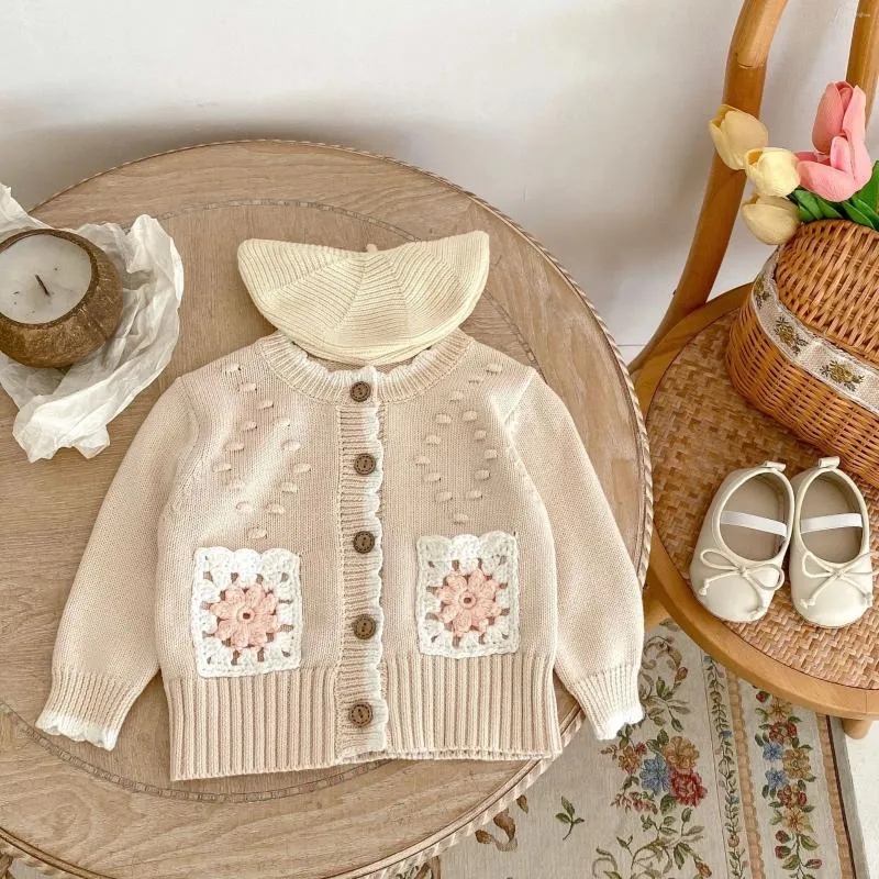 Jackets Kids Clothing For Girls Coat 2024 Autumn All Match Baby Hollow Ourt Hand-made Pockets Long Sleeve Simple Knit Cotton Yarn Warm