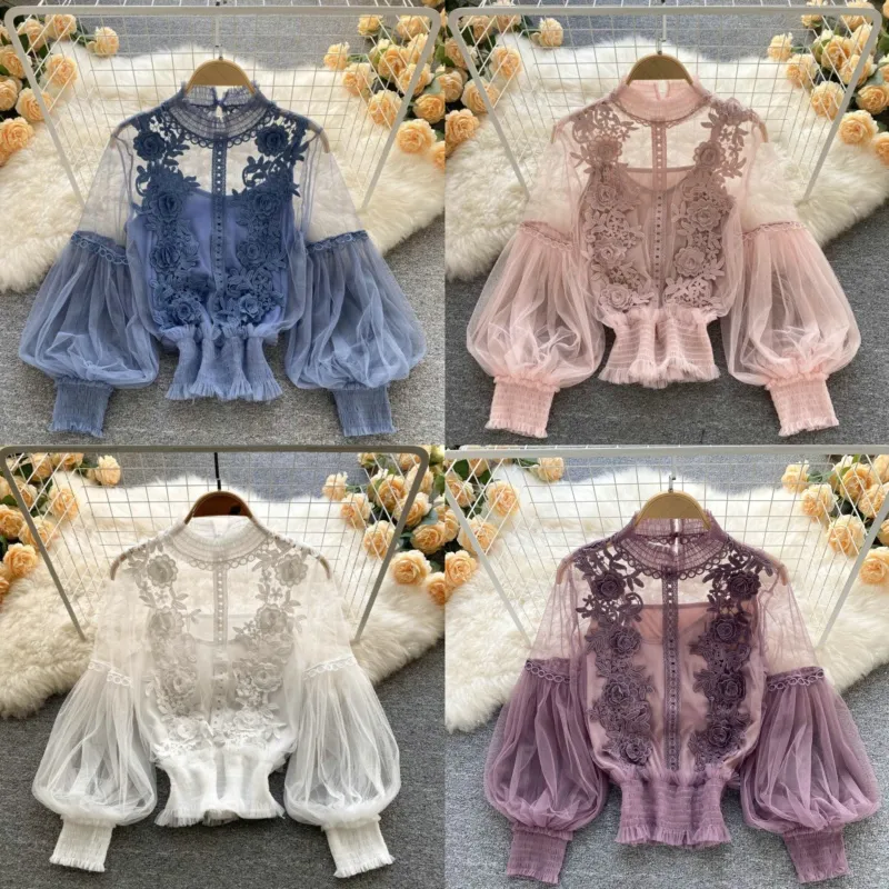 Blouses Femmes Chemises Femmes Printemps Automne Longue Lanterne Manches Haut Court Femme Vintage Fleur Perspective Maille Dentelle Slim Fit Chemise Vêtements Pour Femmes Vêtements Féminins