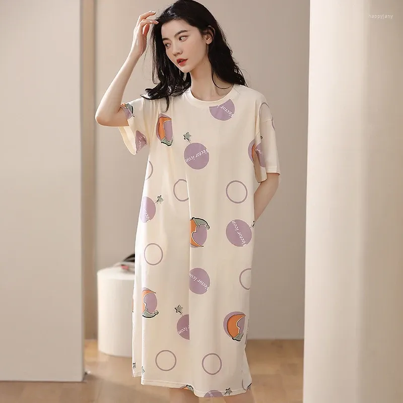 Dames slaapkleding 2024 Zomer Summer Korte mouw Print Modale nachthowns voor vrouwen Koreaans zachte comfortabele nachtdress Night Dress Home Nighty