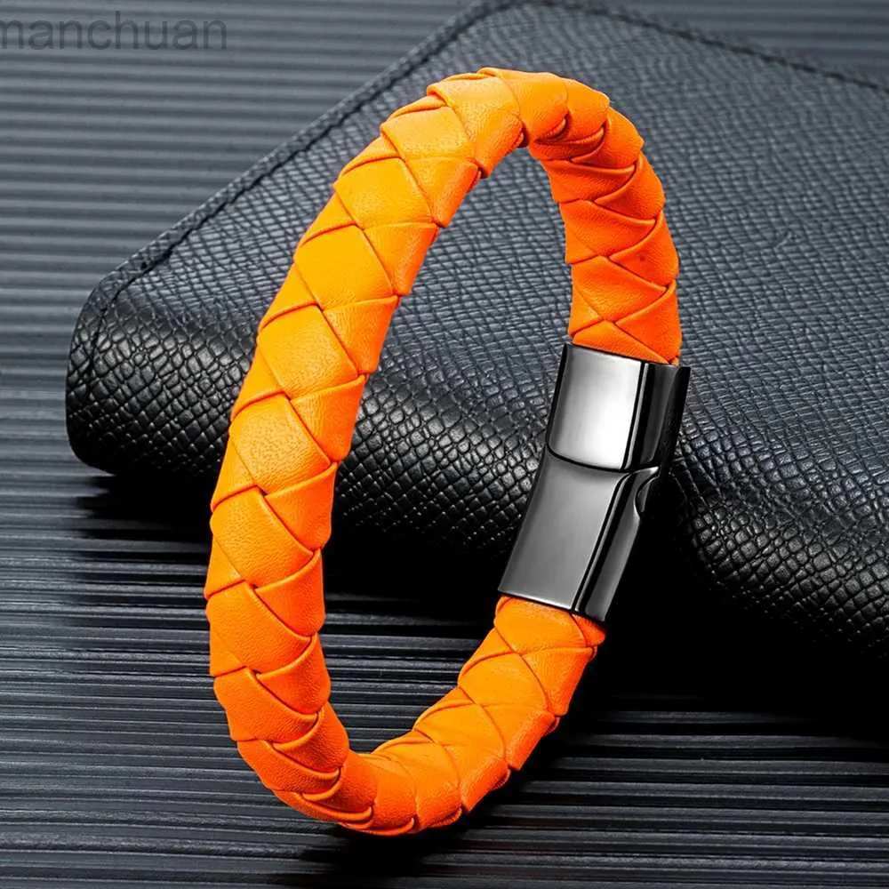 Bangle mkendn enkel stil män kvinnor flätade äkta orange läder armband svart rostfritt stål magnetiskt spänne armband gåvor homme ldd240312