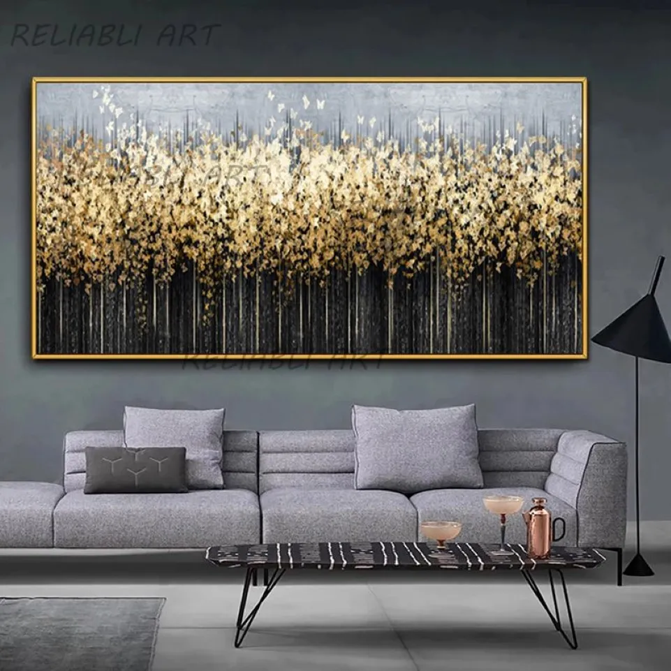 Black Golden Abstract Painting Leaf Posters Canvas Prints Wall Art Pictures For Living Room Modern Home Decor Tree Quadros227d