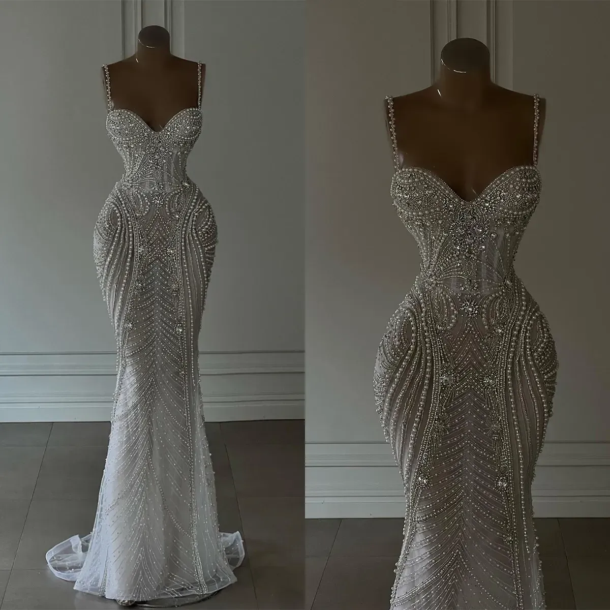 Robes de mariée de sirène de luxe Spaghetti Sweetheart Pearls Chain Perles Backless Nifless Floor Longueur Custom Made Made plus taille plus taille Bridal Vestidos de Novia