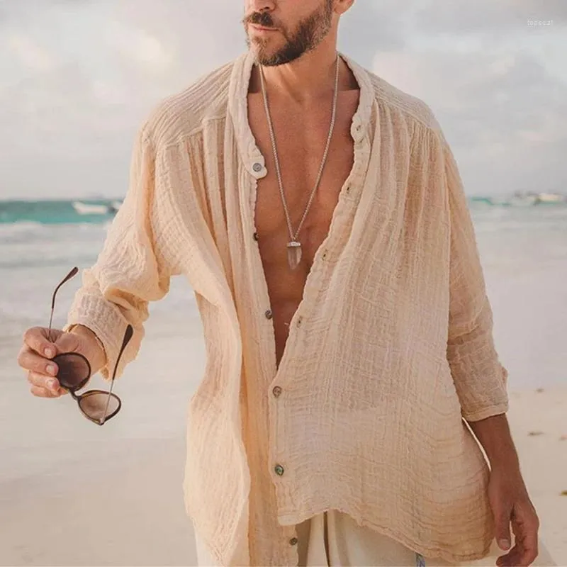 メンズカジュアルシャツ春と夏のシャツソリッドカラールーズ薄い長袖ファッションビーチ男性服H671