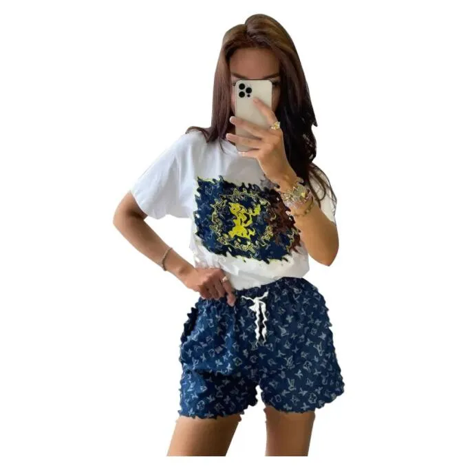 Kvinnor gamla blommor Tracksuits Summer Short Sleeve O-Neck Tee Tops+Denim Shorts Two Piece Set Outfit Legging Women Jogging Free Ship