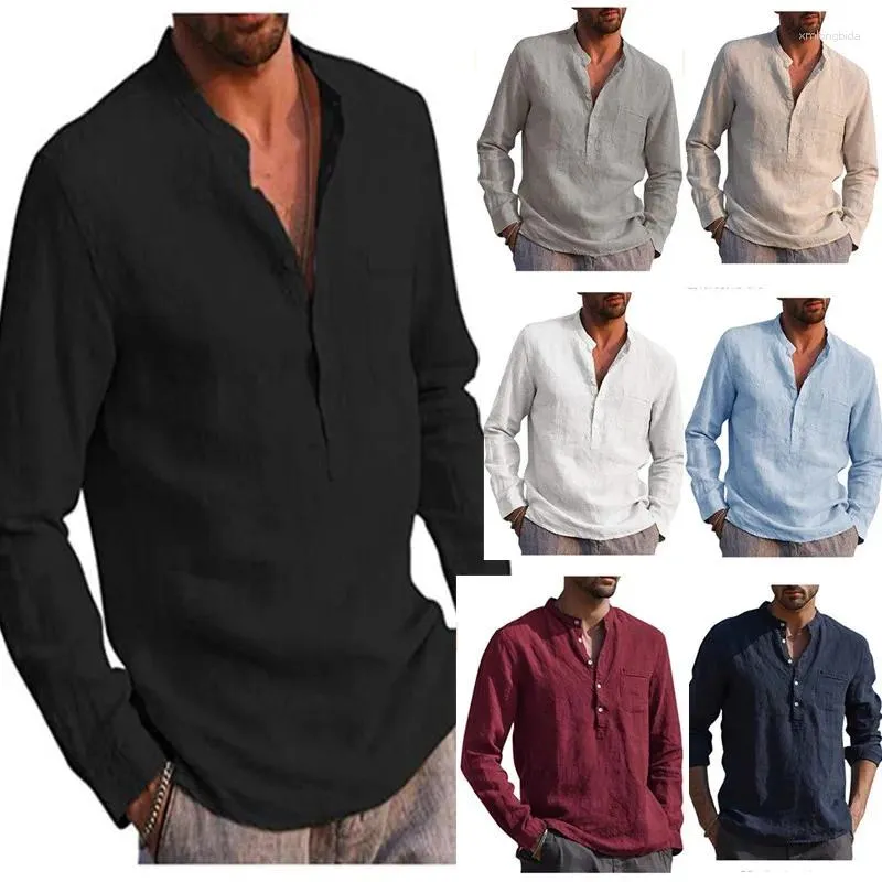 Camisas Casuais Masculinas De Algodão Linho De Mangas Compridas Verão Cor Sólida Gola Stand-Up Estilo Praia