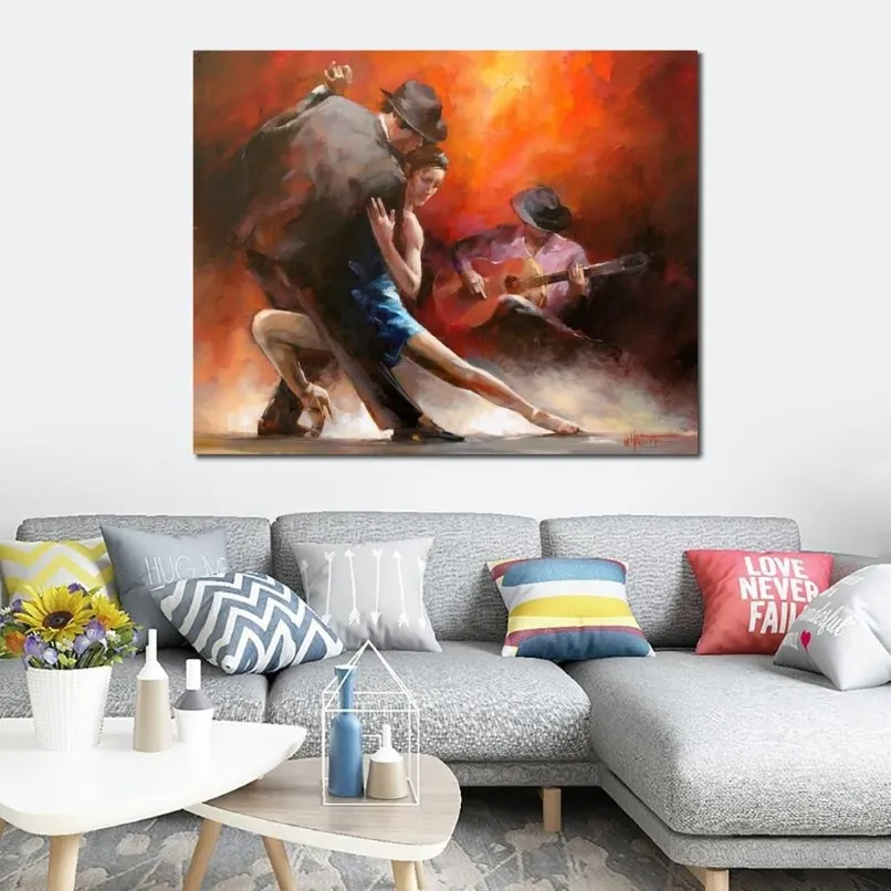 Peintures de danseurs espagnols modernes, Tango Argentino avec musique, toile d'art faite à la main pour décoration murale de salon, cadeau 302Y