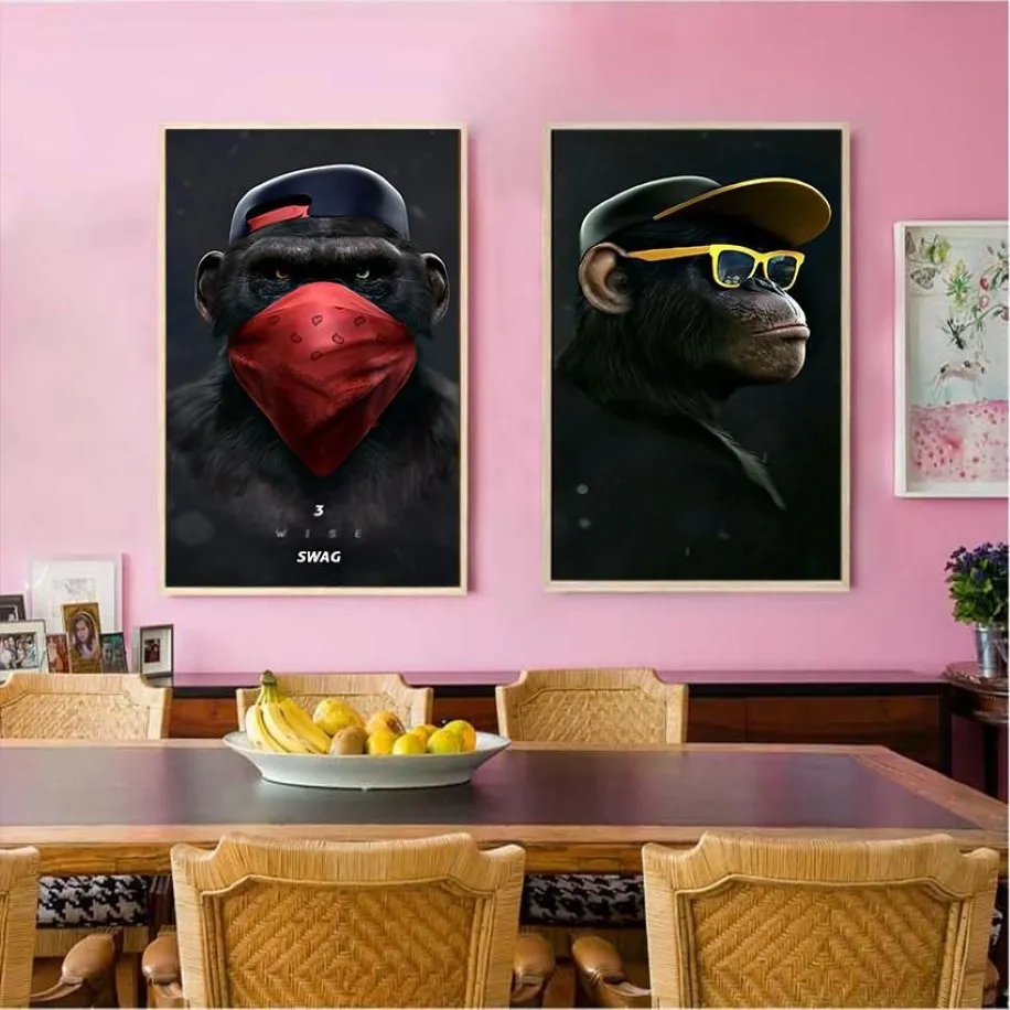 Großes Tierbild auf Leinwand, gedrucktes Gemälde, moderner lustiger denkender Affe mit Kopfhörer, Wandkunst-Poster für Wohnzimmer-Dekoration3290