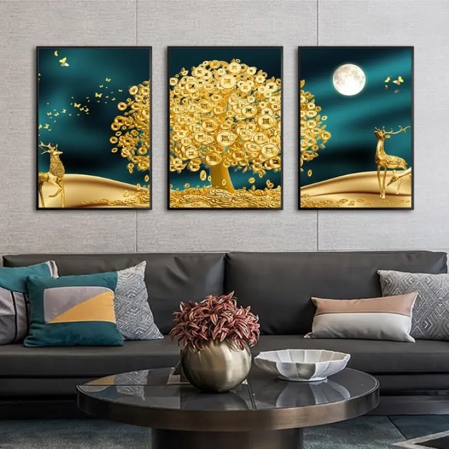 Målningar gyllene konsthjort pengar träd vägg bild islamisk ingen ram abstrakt måne canvas utskrift affisch still liv226g