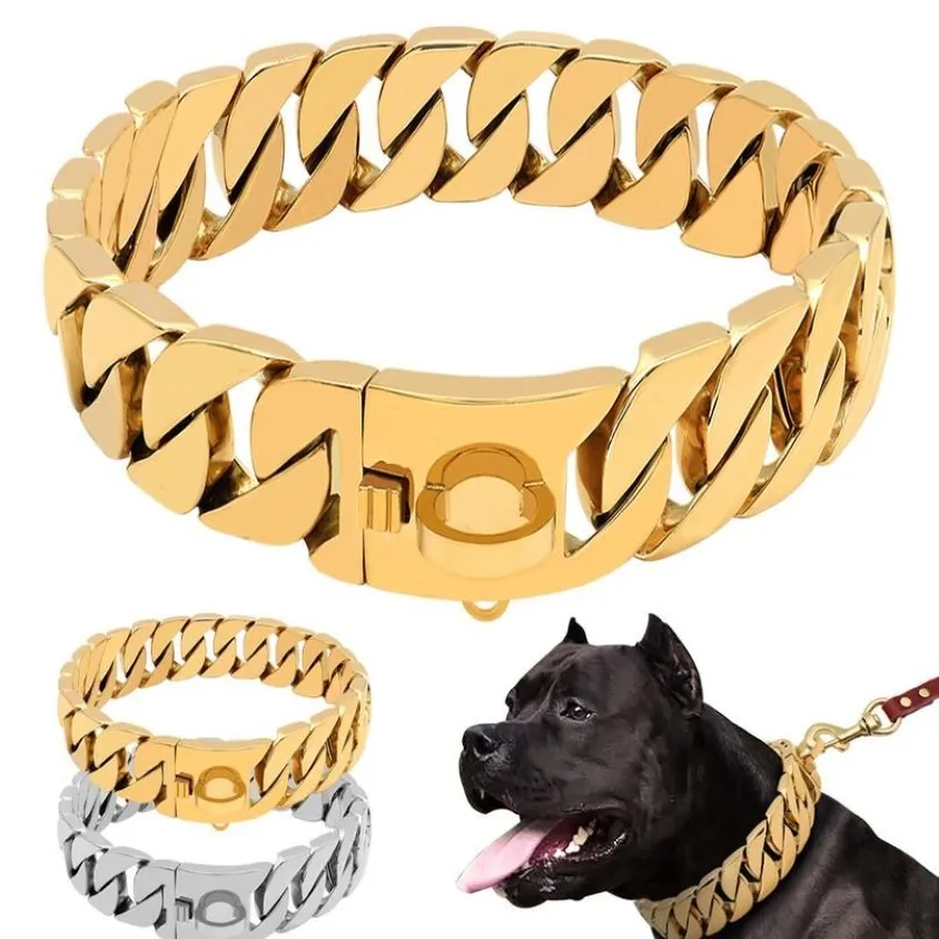 Stark metall hundkedja krage rostfritt stål husdjursträning choke krage för stora hundar pitbull bulldog silver guld sho jllwck270a