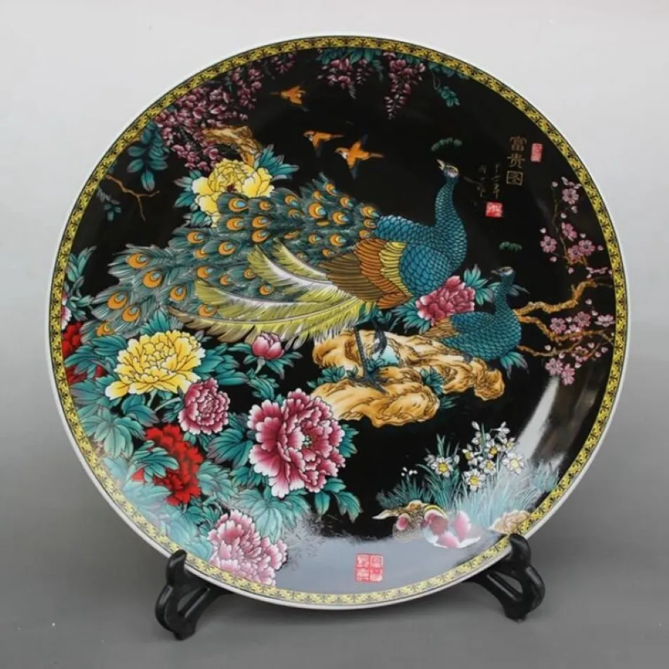 Whole New Jingdezhen Porcelain Ming and Qing Dynasty Decoration Plate Antique Black Peacock Rich295v