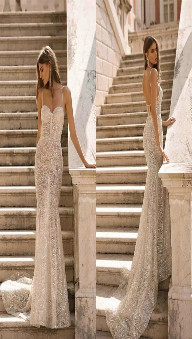Berta Glitter Mermaid Wedding Dresses Spaghetti Lace Appliqued Sequins Beaded Backless Illusion Bridal Gowns Custom Made Vestidos 5451429
