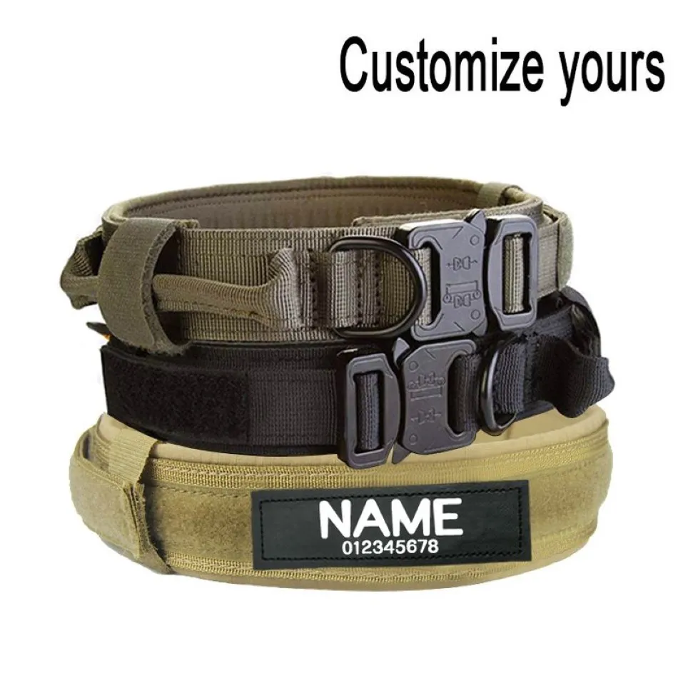 Halsband met label Nylon Verstelbaar Militair Tactisch Groot met handvat Training Hardlopen Aangepast huisdier Y200515217h