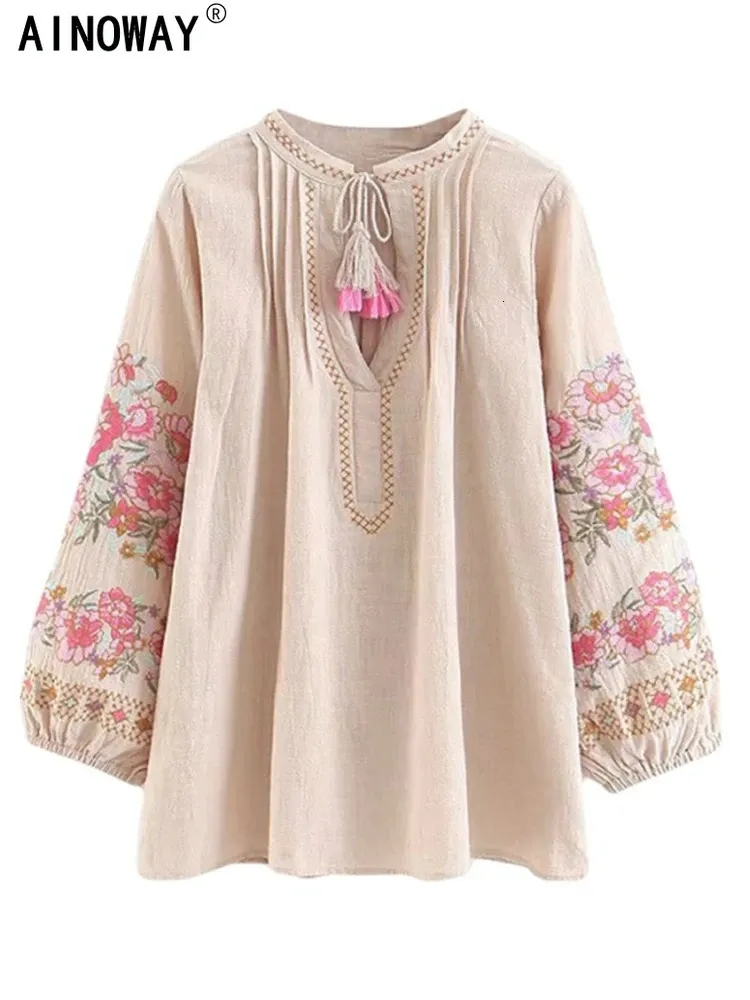 Spring Fashion Women Tassel Floral Embroidery Linen Cotton Beach Bohemian Blouse Shirts Tops Long Sleeve Loose Boho Shirt 240306