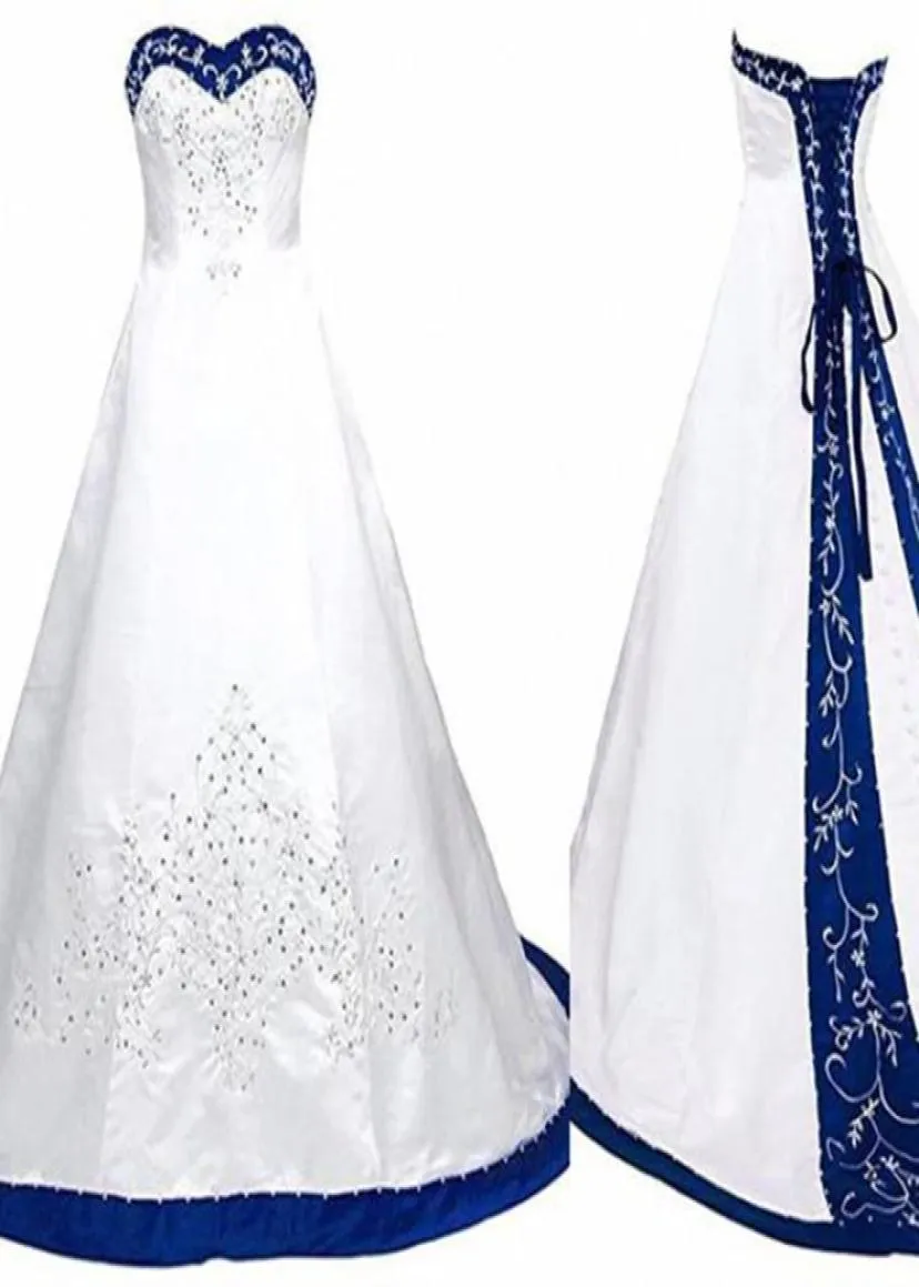 Royal Blue and White A Line Wedding Dress 2022 Princess Satin Lace Up Back Court Train Long Wedding Gowns5989818