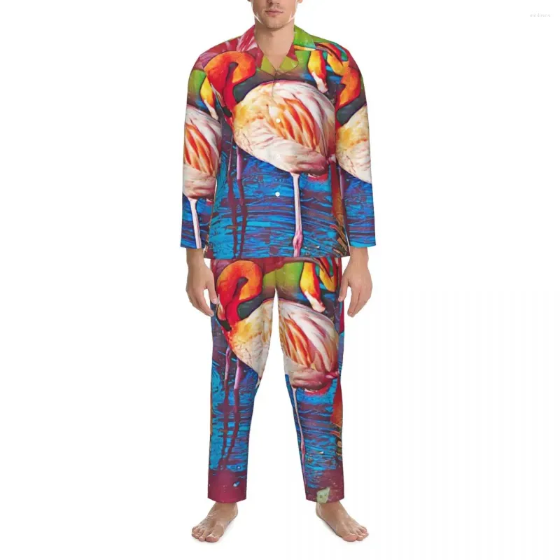 Nachtkleding voor heren Flamingo Design pyjamasets Abstract schilderkunst Warm mannelijk Lange mouw Esthetisch Vrije tijd 2-delig thuispak Groot formaat