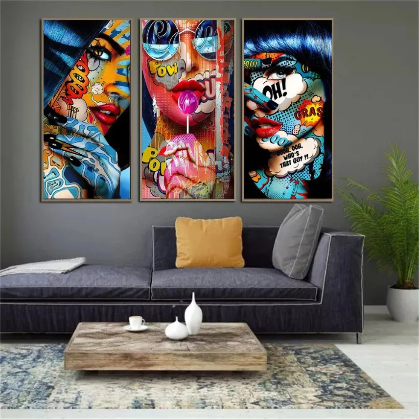 Graffiti mulher retrato pintura arte lona legal pop meninas arte cartaz e impressão parede arte imagem para sala de estar casa decor249e