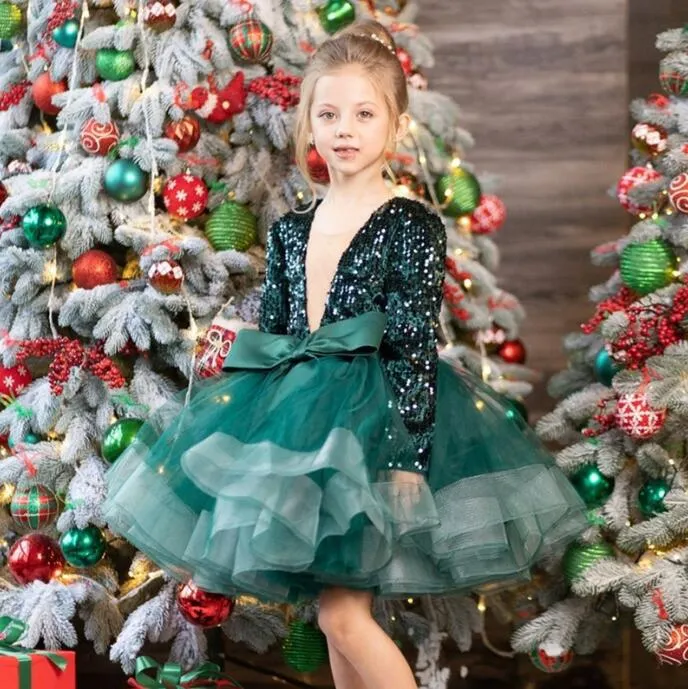 Vestido de niña de flores hasta la rodilla con encaje y tul con lentejuelas joya Vestido de fiesta de princesa Vestidos de niña de manga larga