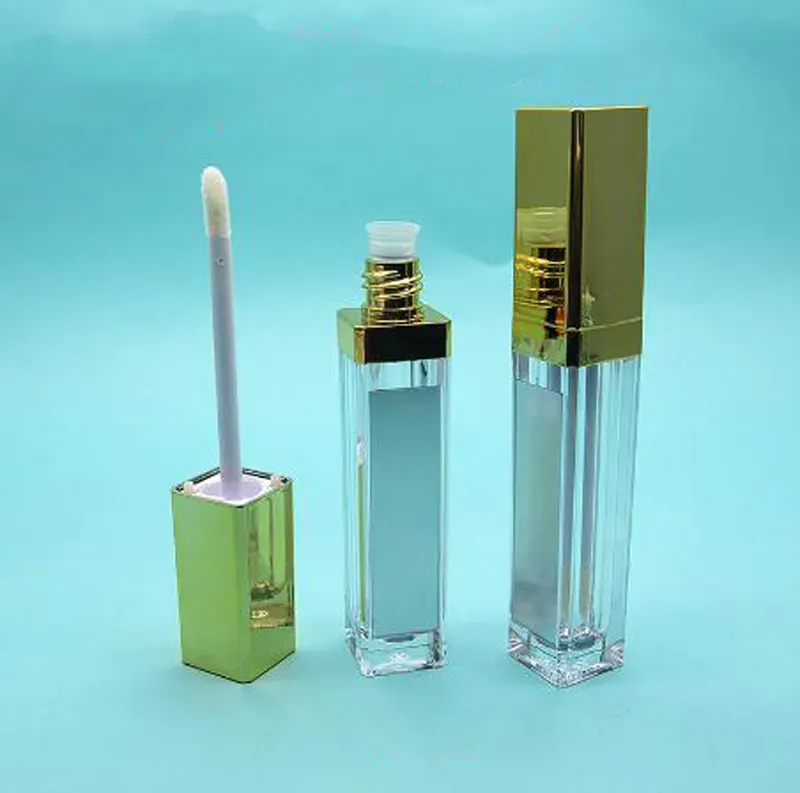 7ML LED Empty Lip Gloss Tubes Bottles with Mirror Square Clear Lip Gloss Bottle Lipgloss Refillable Bottles Container Plastic Makeup Packaging Gold Sliver