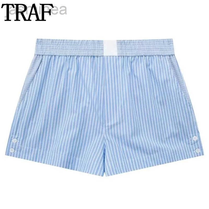 Kvinnors shorts TRAF -shorts randiga blå shorts midja baggy shorts streetwear casual sommar korta byxor ld240312