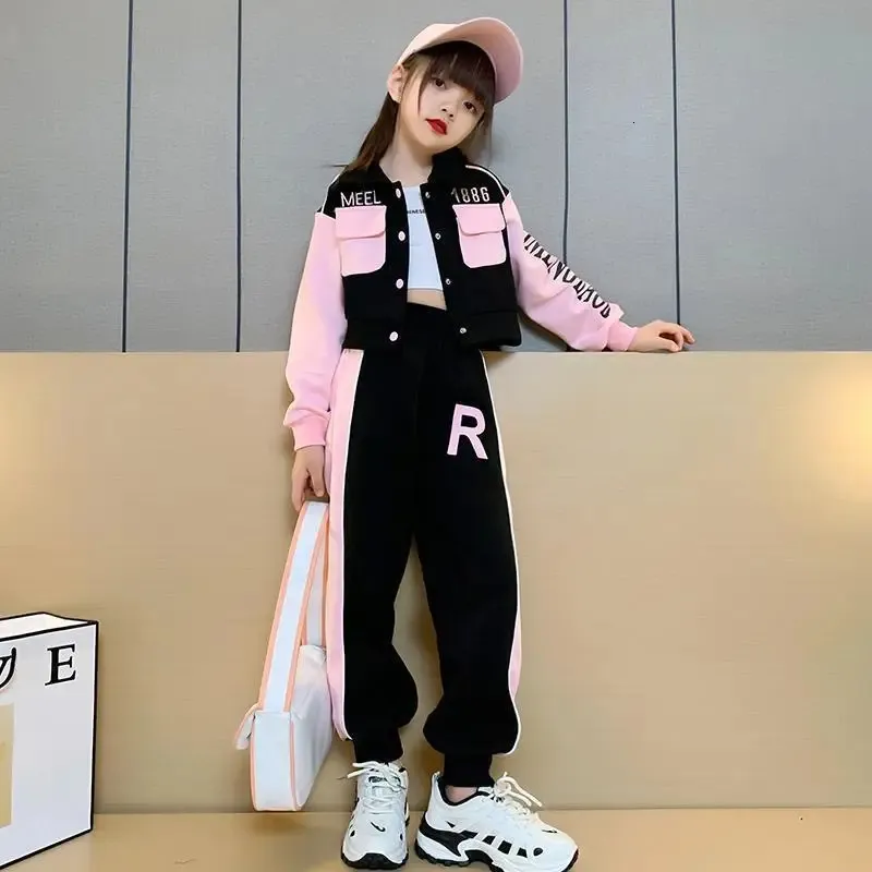 Junior Girls Baseball Suit Spring and Autumn Clothing Kids Fashion Splicing Lapel Jacket Casual Long Pants 2 Pcs Sweatshirt3-15Y 240308