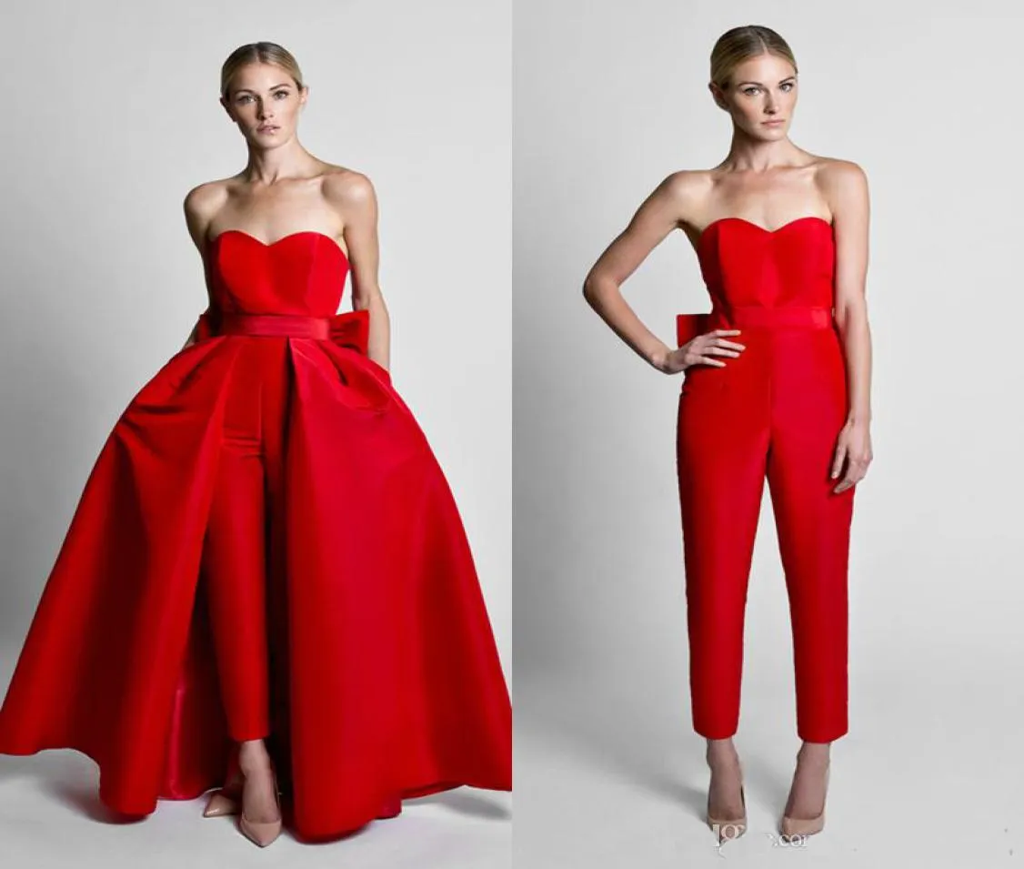 2019 Fashion Jumpsuit Evening Dresses With Convertible Skirt Satin Bow Back Sweetheart Strapless Waistband Weddings Guest Prom Gow1744167