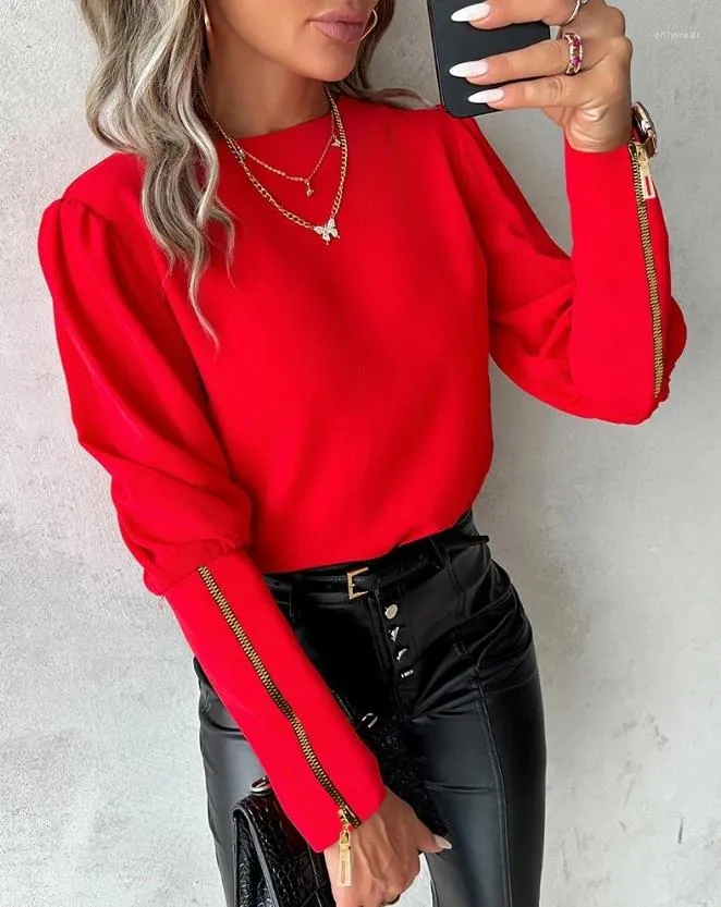 Magliette da donna Abbigliamento femminile T-shirt Pullover Top Design elegante con cerniera Gigot Sleeve Top 2024 Autunno Inverno Primavera Moda Casual