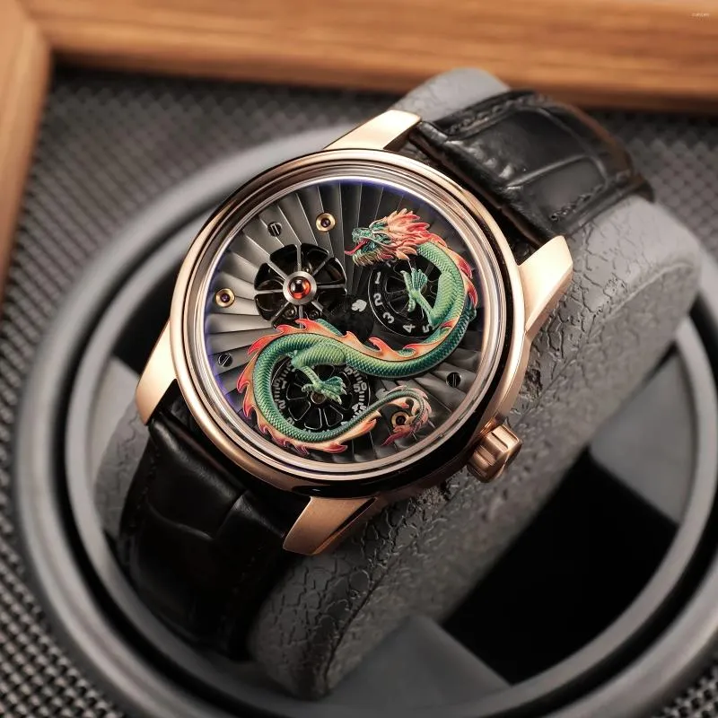 Relógios de pulso Oblvlo Dragon Watch para homens luxo oco-out pulseira de couro mecânico automático relogio masculino JM-DRAGON