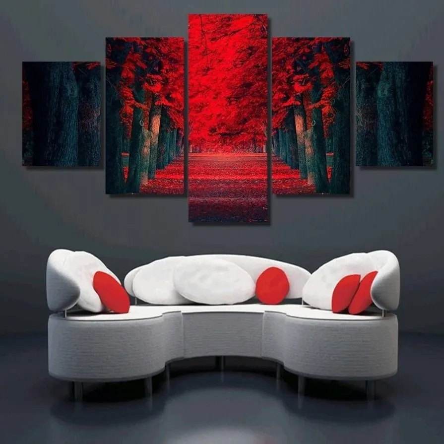 5 pçs / conjunto sem moldura floresta vermelha grandes árvores paisagem pintura em tela arte da parede pintura arte imagem para sala de estar decor254c