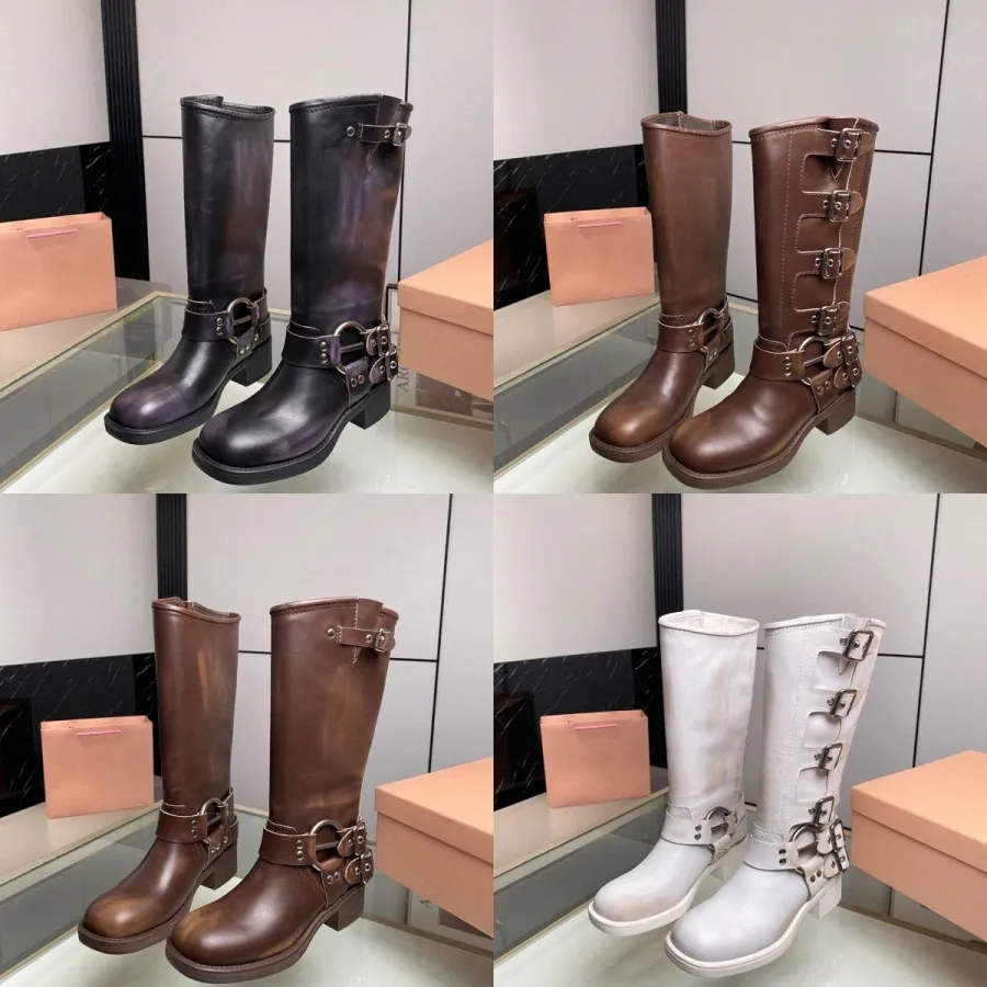 أحذية الكعب مكتنزة كعب الراحة حزام حزام البقر من الجلد راكب الدراجة النارية ركبة الركبة Zip Knight Boots أزياء مربع أخمص القدمين أحذية الكاحل IJZ7#