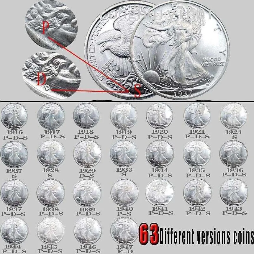 Liberty Coins 63pcs USA Walking Bright Silver Copy Coin Full Set Art Collectible209v