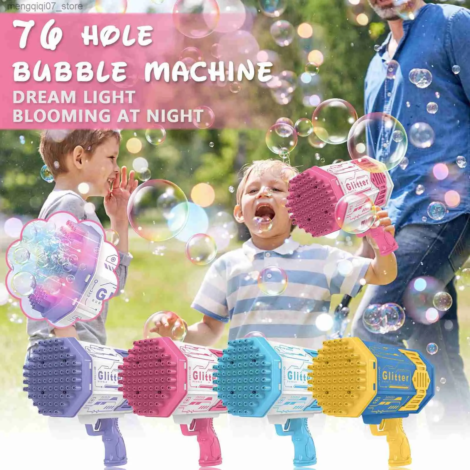 Piasek Water Play Fun Hot Kids Bubble Pistolet z światłami zabawka 76-dołkowa elektryczna automatyczna maszyna do bąbelka Summer na zewnątrz mydło woda woda dziecięce zabawki L240312