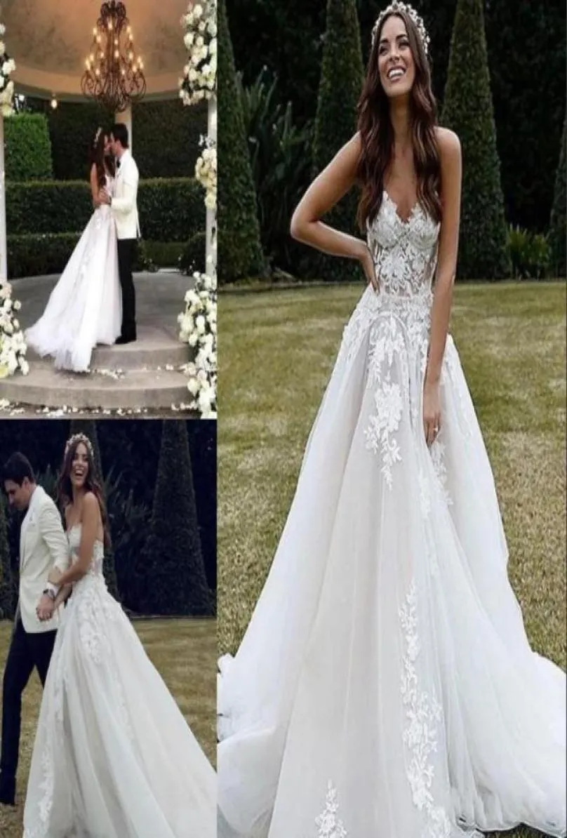 2021 Sweet Beach Wedding Dresses With Sweetheart Sexig Illusion Lace Applique Bodice A Line Tulle Court Train Brudklänningar utomhus 2675782