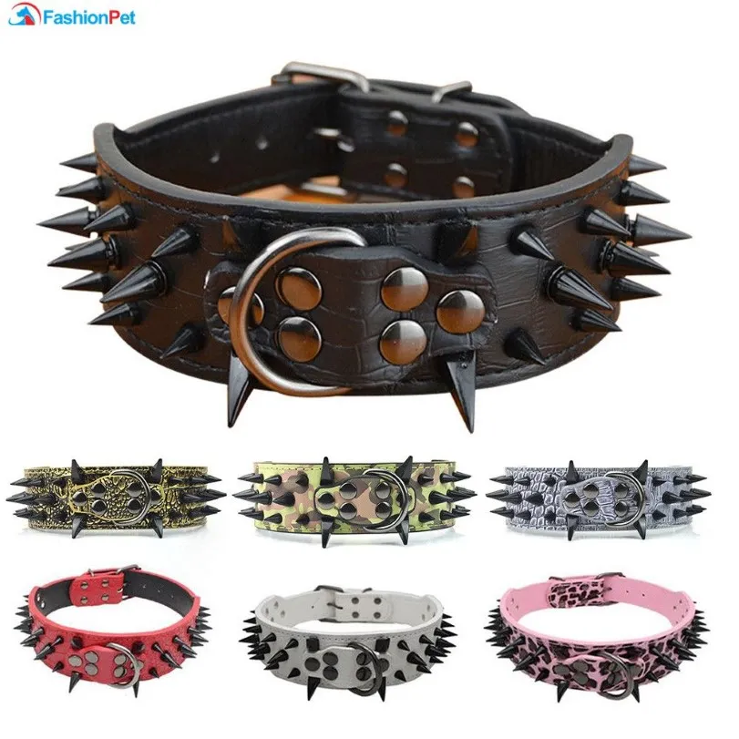 High Quality 2 Width Pu Leather Big Dog Collar with Black Sharp Spikes Studded for Large Dog Pet Pitbull Mastiff K5825243Q