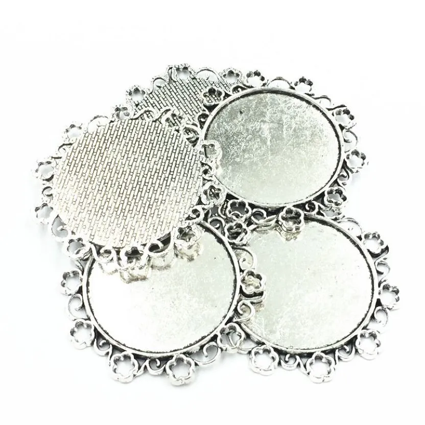 5st Necklace Pendant Silver Tone Flower Lace Metal Seing Jewelry Cabochon Cameo Base Tray Bezel Blank Fit 34mm Cabochons 49mm261d