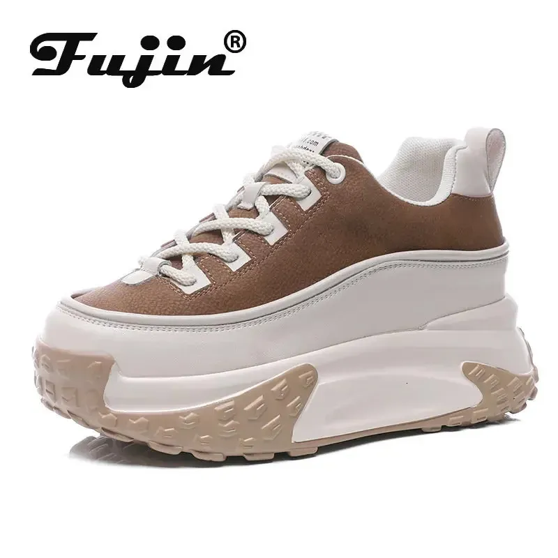 Fujin 7 cm vaca cuero genuino otoño primavera invierno felpa plataforma cálida cuña tacón oculto zapatillas gruesas mujeres zapatos de colores mezclados 240228