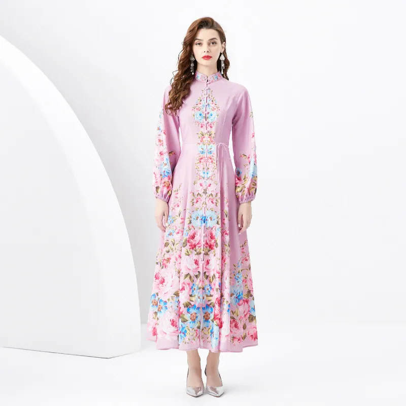 Spring Long Floral Pink Dresses For Women Vacation Style Stand Collar Buttons Cardigan Maxi Dress Designer Ladies Full Sleeve Printed Beach Casual Party Robes