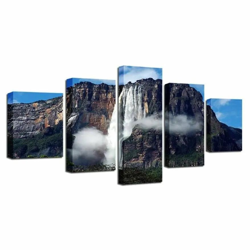 Obrazy Angel Waterfall Wenezuela 5 Panel Canvas Picas Drukuj sztuki ścienne Dekor malarstwa do salonu Plakat No oprawiony 234G