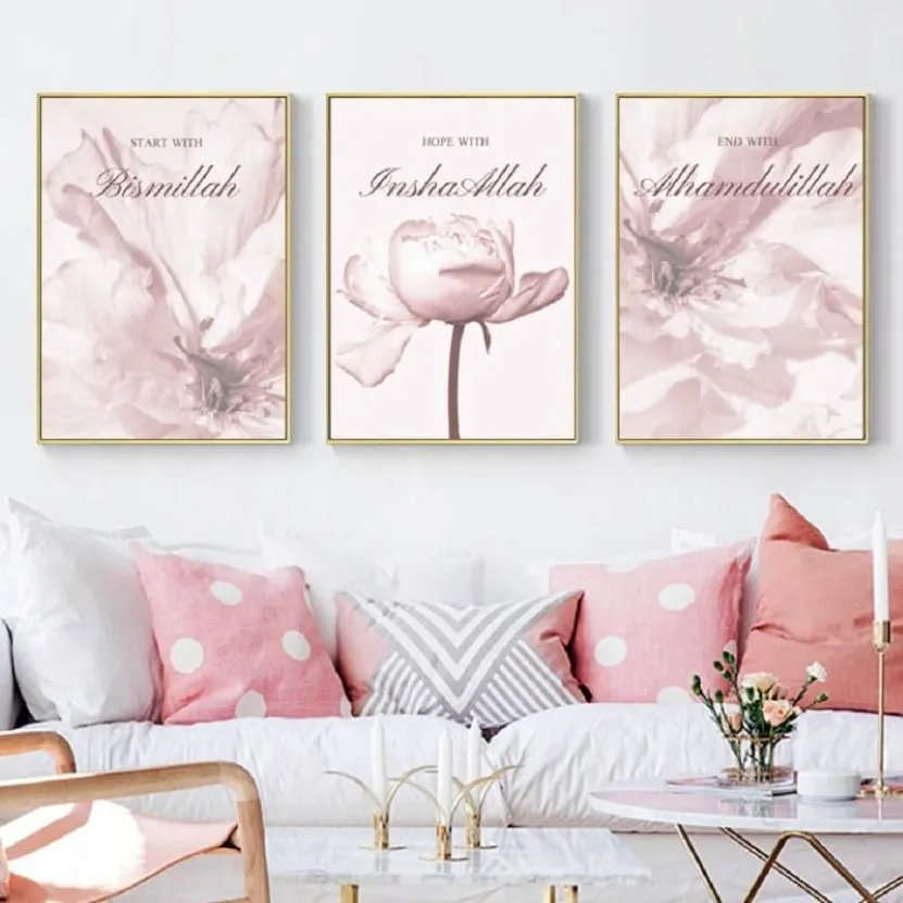 Roze Bloemen Islamitische Canvas Muurschildering Bismillah Prints Muur Kunst Geschenken Poster Affiche Islamiqu Schilderij Woonkamer Home Decor Paintings240n