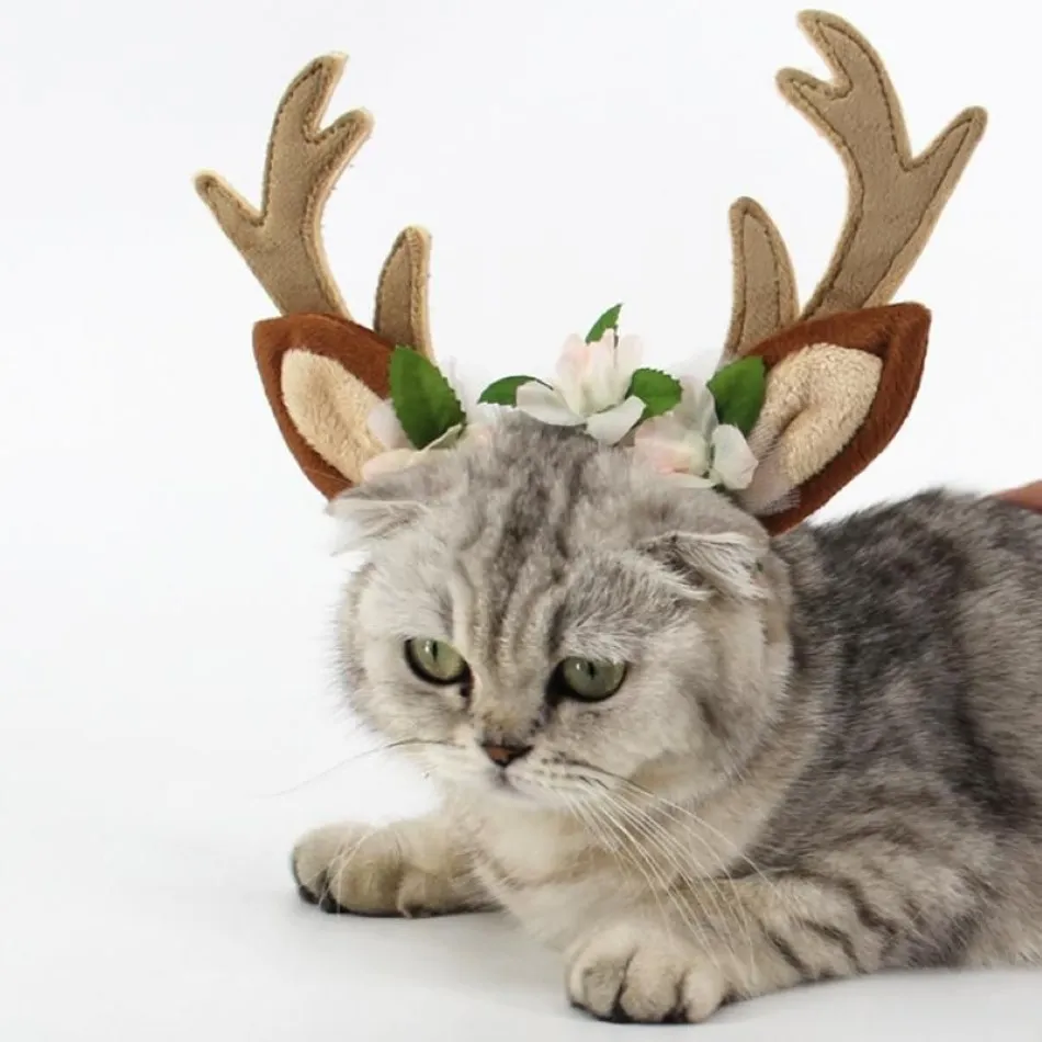 Cat Costumes S M L Christmas Reindeer Hat Short Plush Silk Flower For Puppy Kitten Pets Accessories Holiday Decoration212X