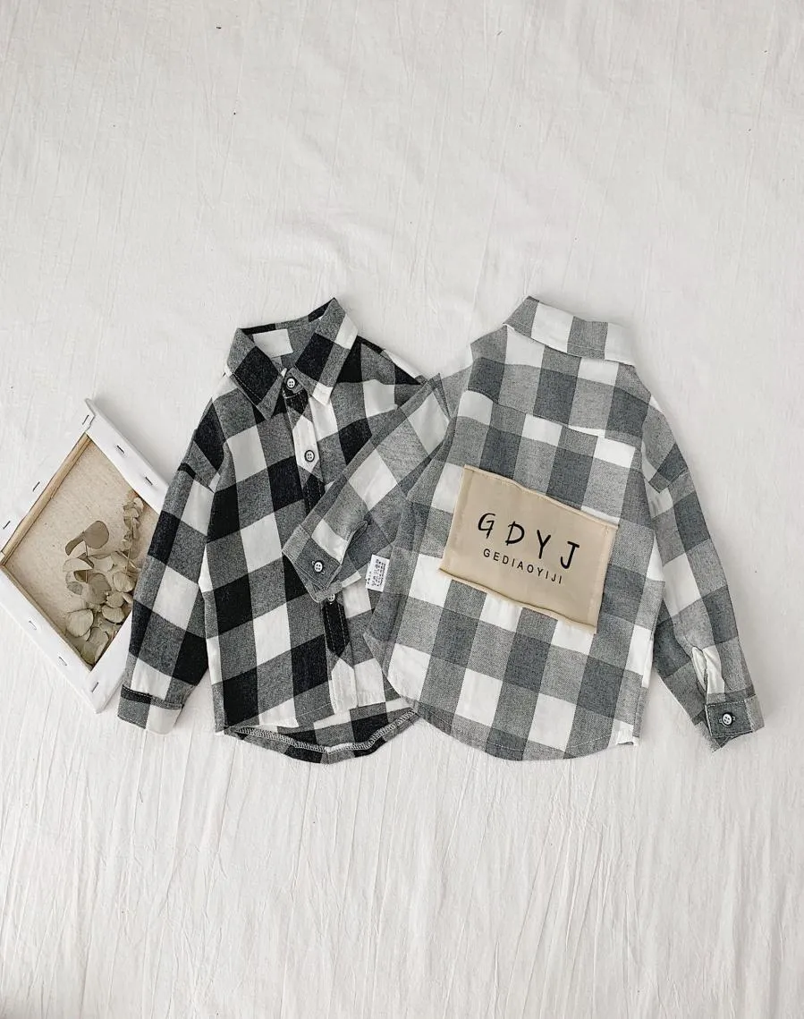 Autumn Little Boys Fashion Letters Patch Long Sleeve Plaid Shirts Korean Style Cotton Casual Shirt 05y Y2007048598364