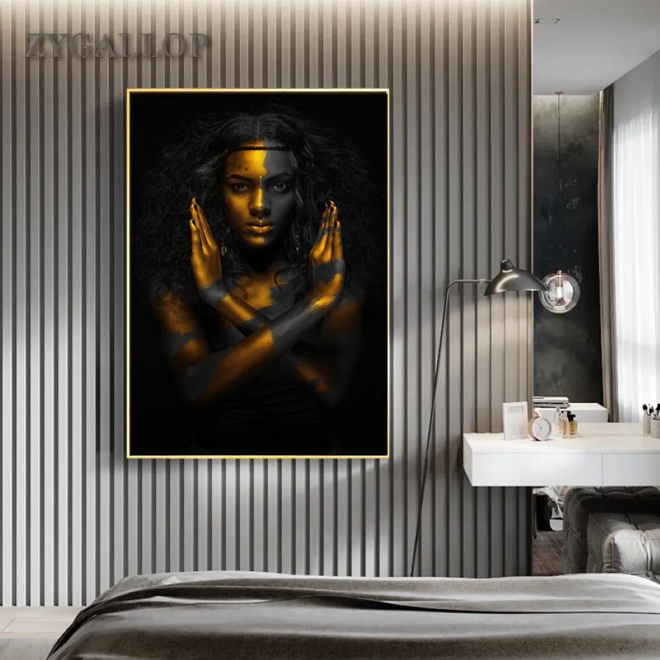 Feme noire en or peinture des affiches de femme art africain peintures modernes pour le salon images murales décoration de la maison cuadro225a