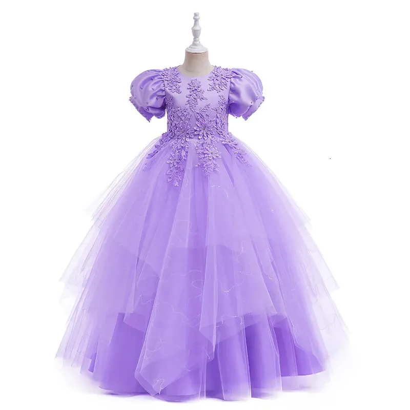Tiered Purple Flower Girl Dress for Wedding Kids Princess Floorldength Tulle Första nattvards klänningar Party Pageant 414 år 240306