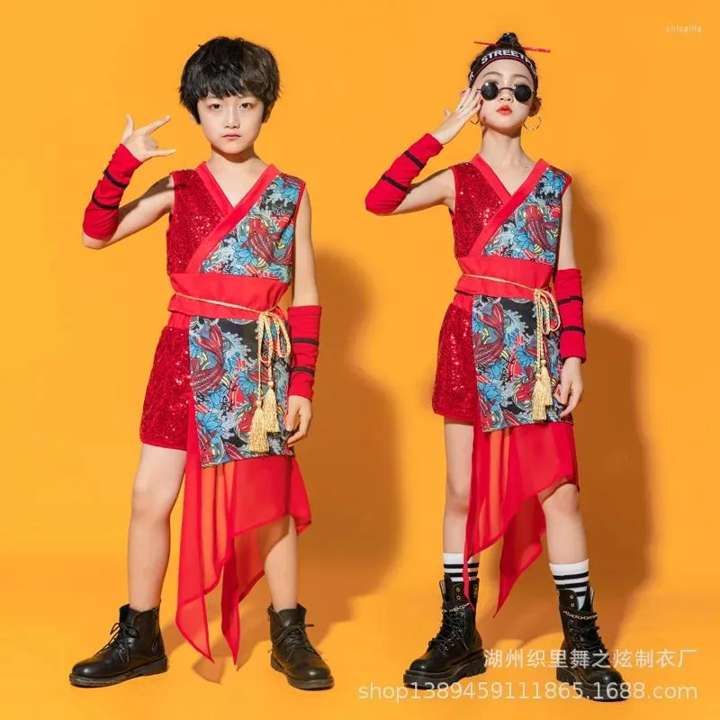 Scena noszona dziecięca strój taneczny starożytny styl Qipao Trendy Chińczycy Chińczycy i dziewczęta Połączone kostiumy pasa startowe