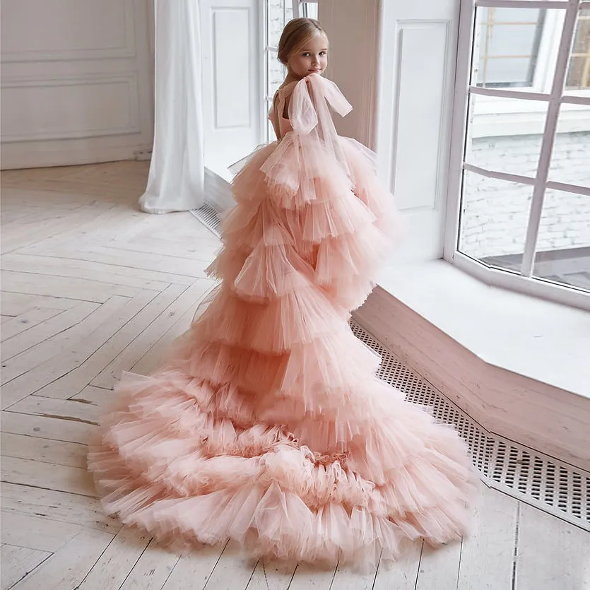 Vestido de encaje de gasa para desfile de niñas, vestido de primera comunión para niñas, ropa Formal para niños, vestidos de flores para boda