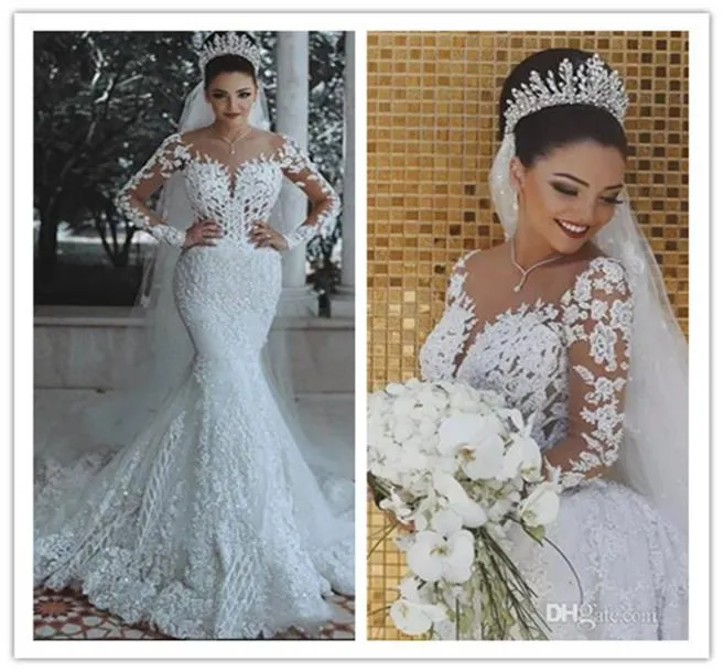 2021 vestido de novia de sirena moderno nuevo romántico magnífico manga larga con cuentas de encaje princesa vestido de novia apliques hechos a medida Ver Th2509474