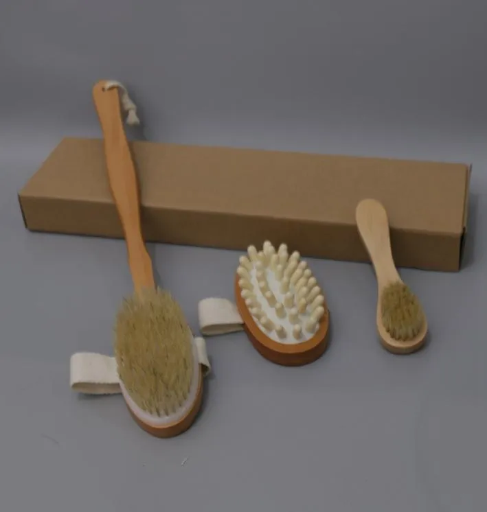 3PCSSet Bath Brush Set Dry Hud Body Soft Natural Borstle Brush Träbadduschborste Spa Body Brush med avtagbart handtag D6236671