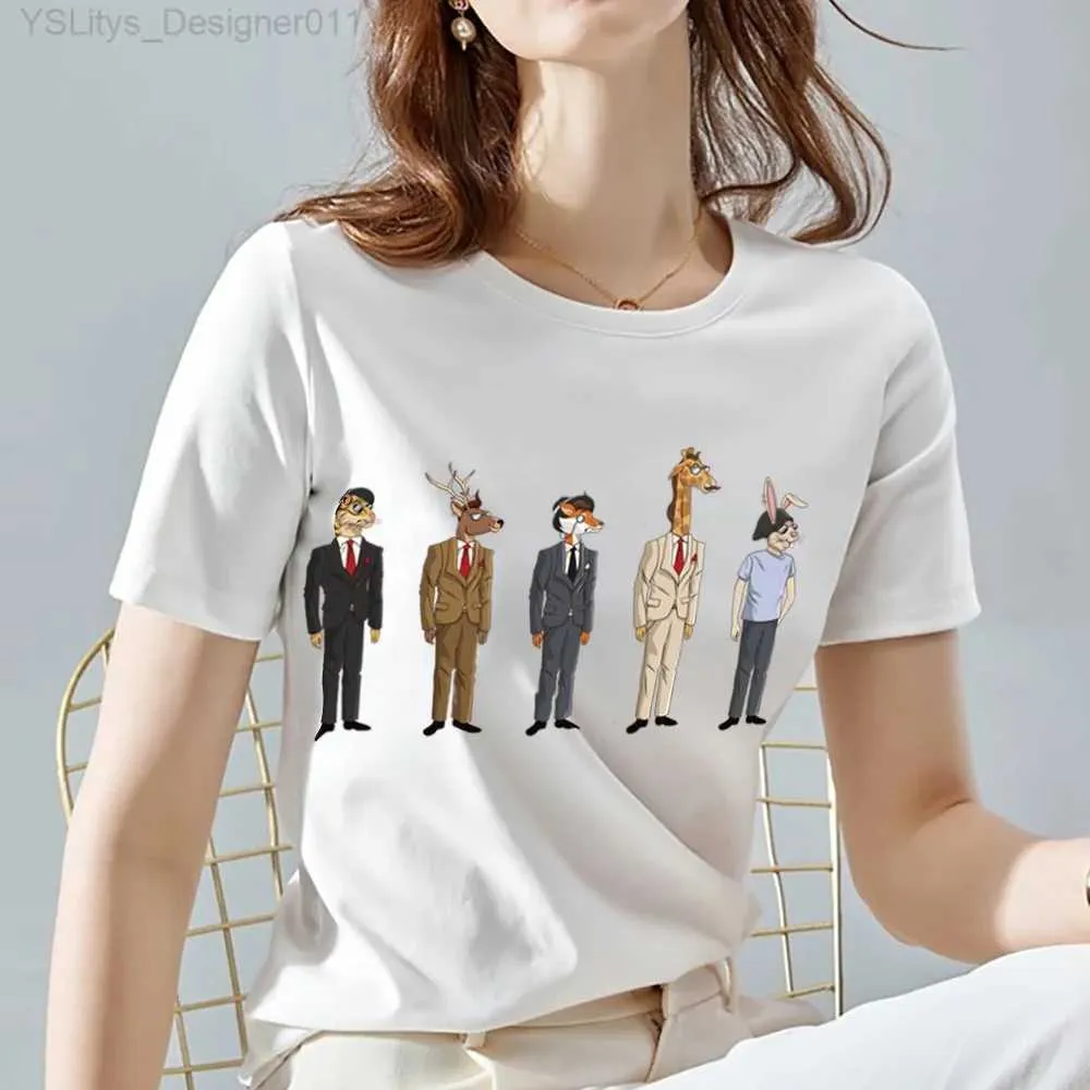 T-shirt Femme T-shirt femme classique col rond blanc tout-match dames hauts dessin animé Anime et série de motifs animaux mignons court Sle Tee vêtements L24312 L24312