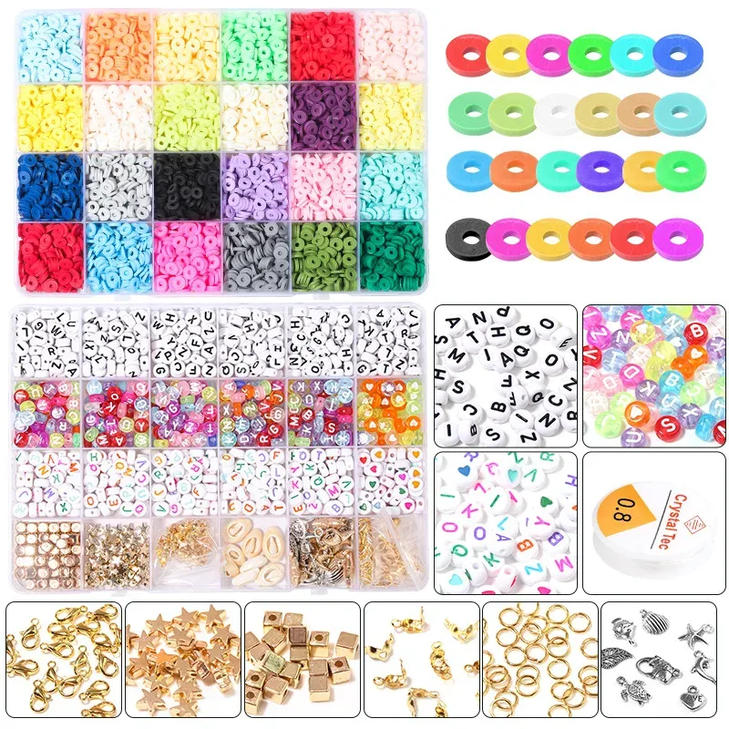 Components 24 Grid DIY Mixed Beads Set Acrylic Round Beads Squre Loose English Letter Pearl for Jewelry Making Neckacle Bracelet Accesories