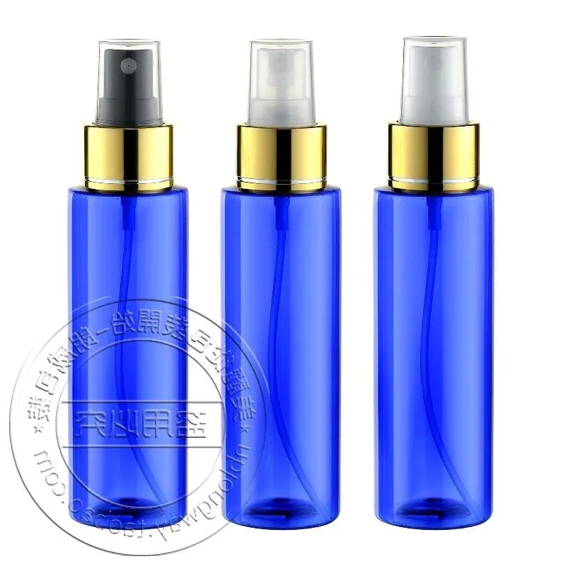 Garrafa de água de perfume em spray azul brilhante de 100ml com bomba pulverizadora dourada brilhante, 50 tamanhos frete grátis, frasco de spray de perfume de 100cc Xbbpo