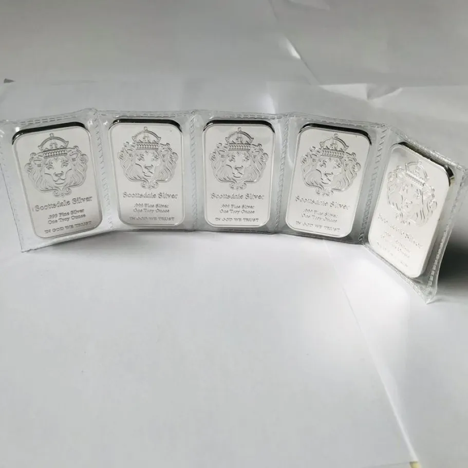 50 stuks niet-magnetische munt Cradt Amerikaanse Scottsdale leeuwenkop 1 Oz badge verzilverde bullion ingots 5,0 x 2,8 cm vacuüm verzegeld Pac233c